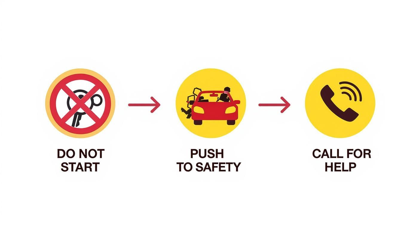 Safety infographic showing three steps: do not start vehicle, push to safety, call for help