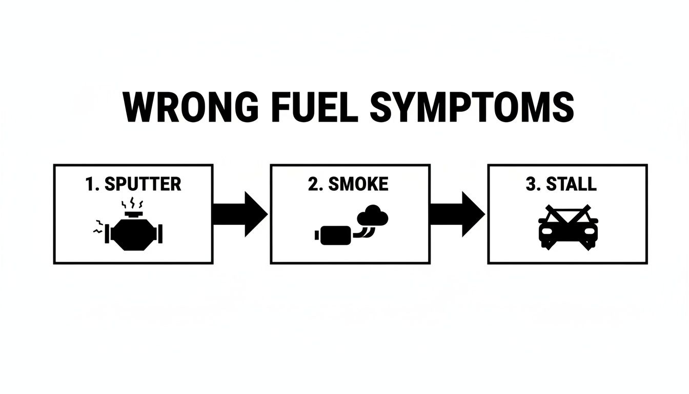 Diagram showing wrong fuel symptoms: engine sputter, exhaust smoke, and car stall sequence.