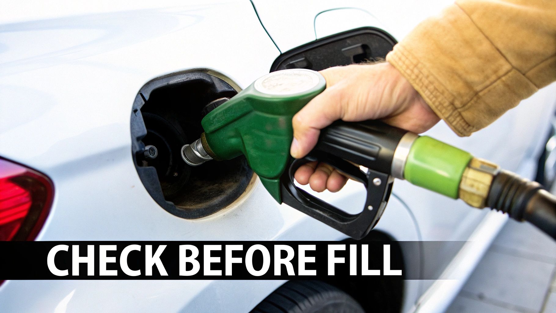 A person refuels a white car with a green fuel pump, with text 'CHECK BEFORE FILL'.