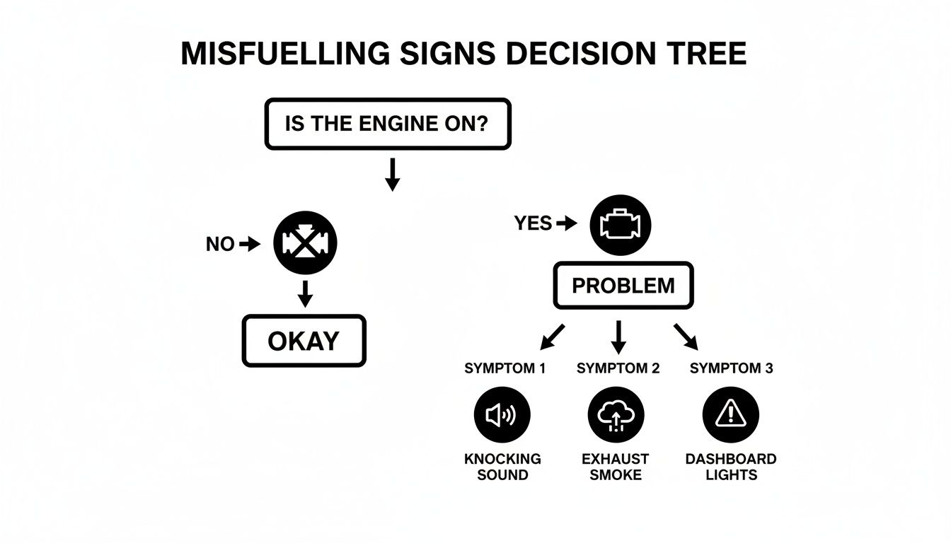 A decision tree flowchart showing misfuelling signs. If the engine is on, check for knocking sounds, exhaust smoke, or dashboard warning lights.