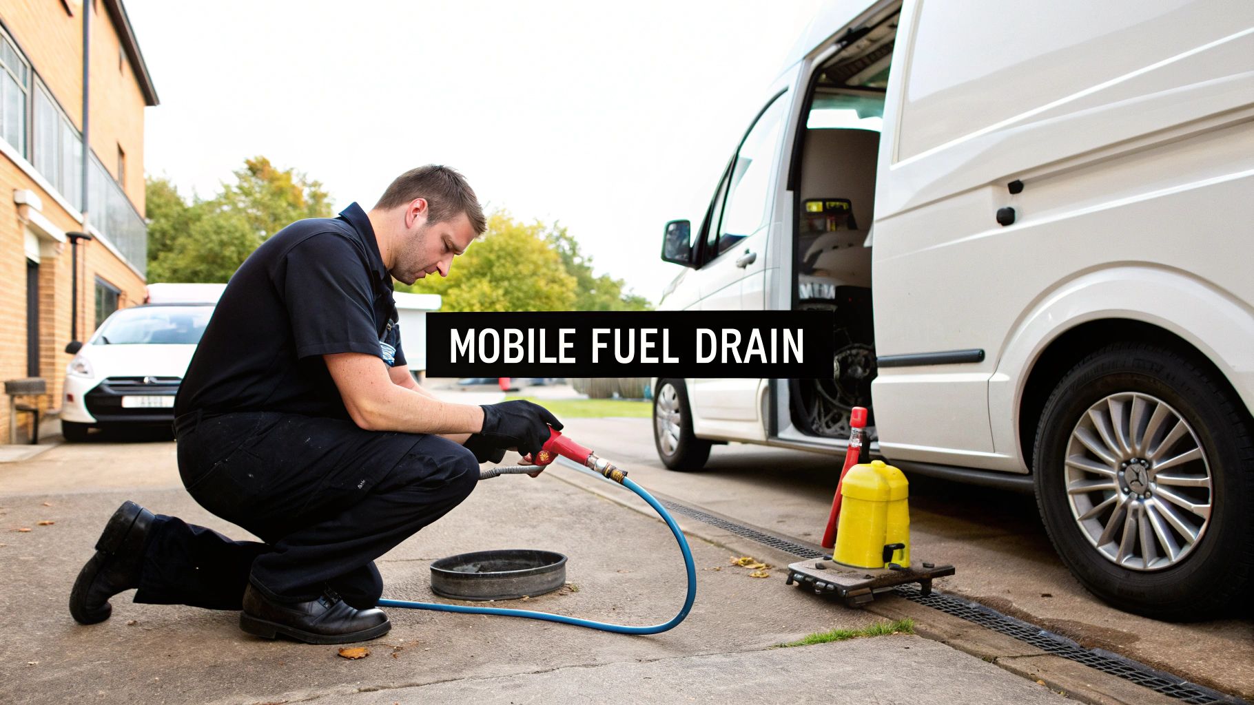 A technician in uniform performs a mobile fuel drain service on a white van outdoors.