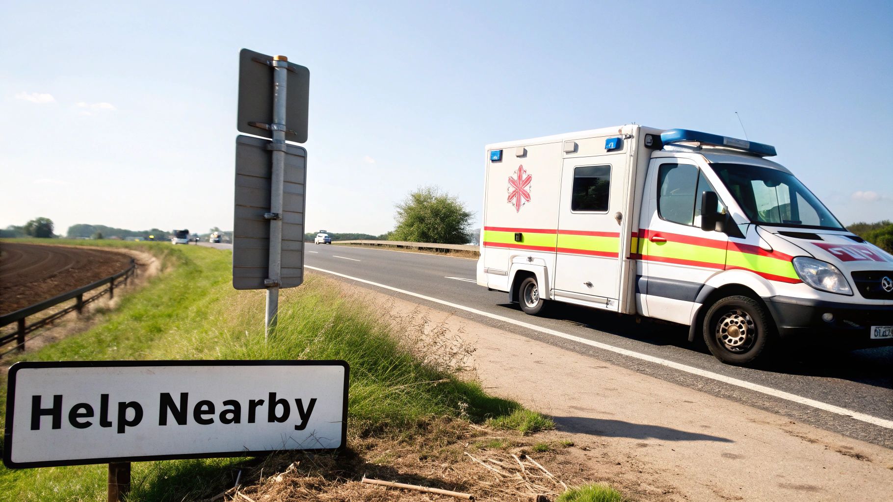 Ambulance driving past help nearby sign on rural highway with emergency pole