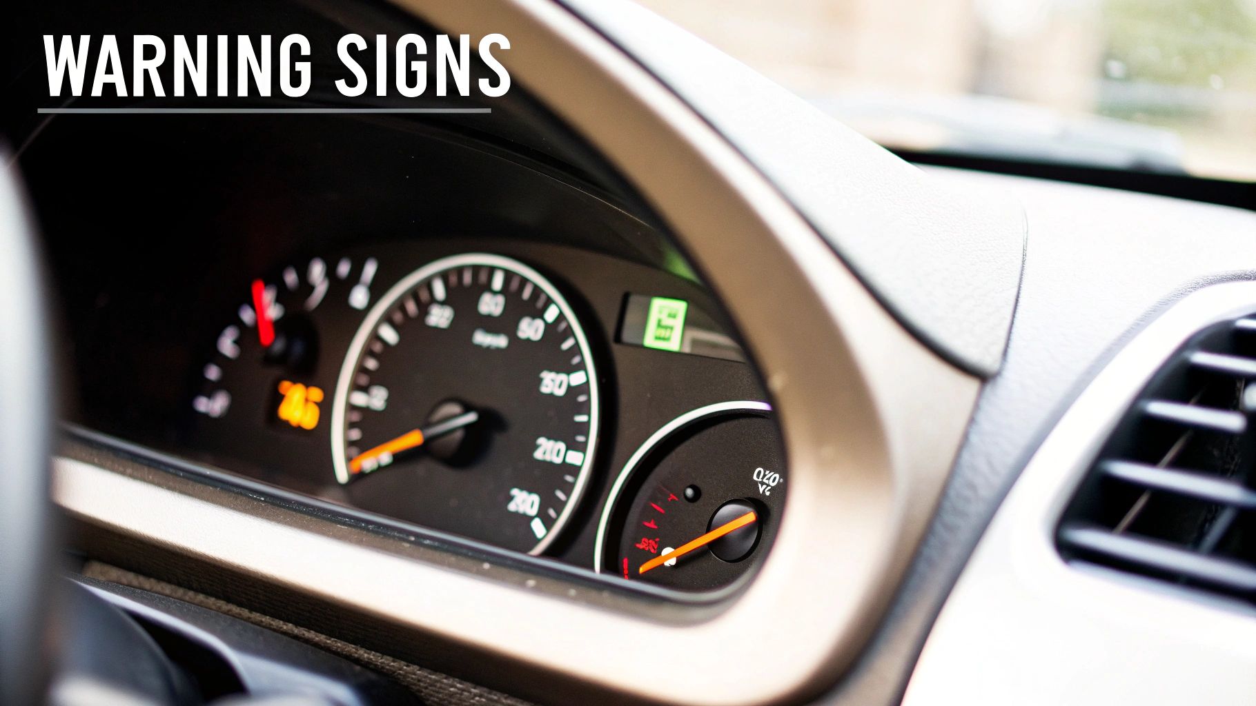 A close-up of a car dashboard showing a speedometer, fuel gauge, and an illuminated tire pressure warning light.