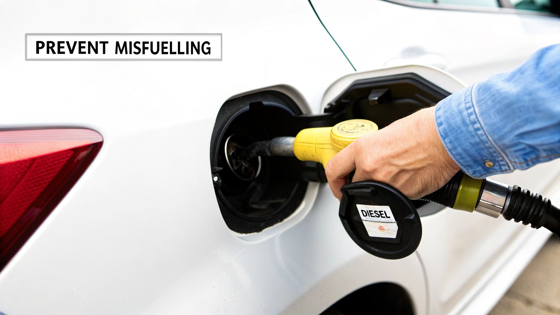 A hand refuels a white car with a yellow diesel pump nozzle, emphasizing preventing misfuelling.