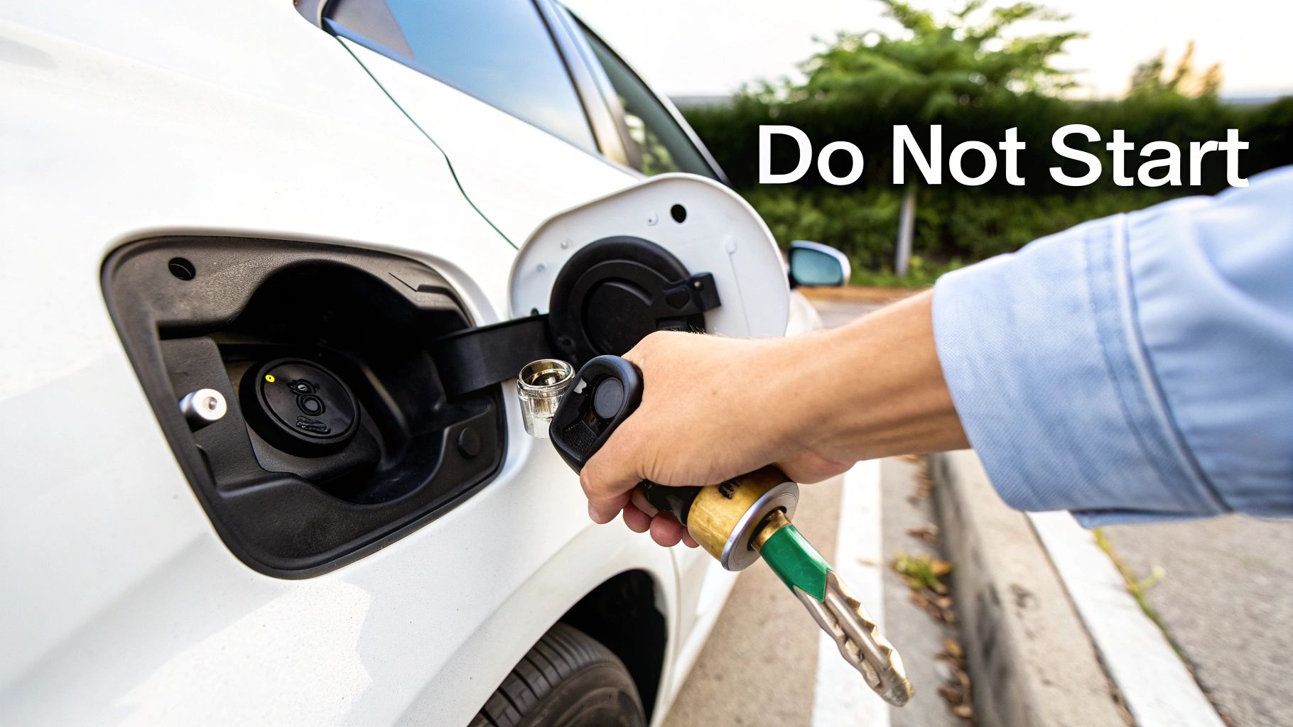 Person's hand refuelling a white car with a hydrogen fuel nozzle, with 'Do Not Start' text.