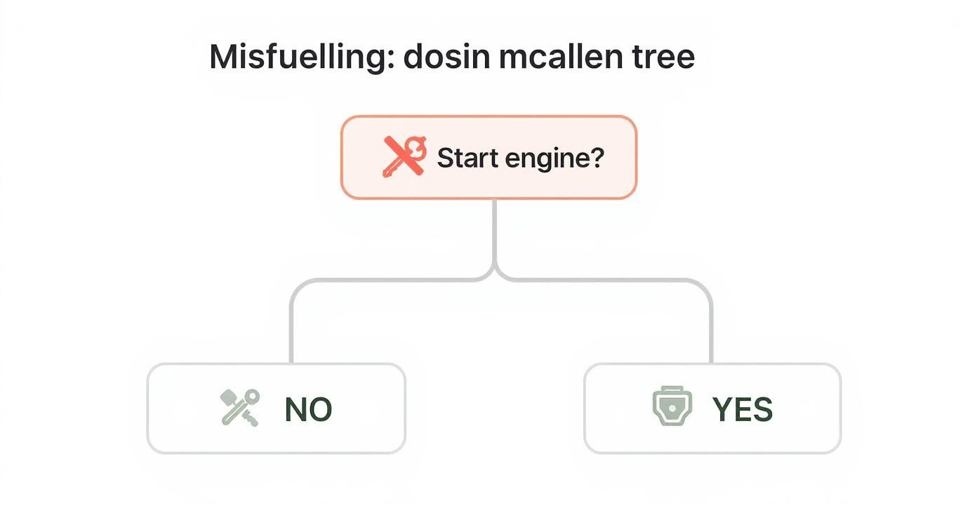 Infographic decision tree showing the two outcomes of misfuelling: not starting the engine leads to a simple fix, while starting it leads to major damage.