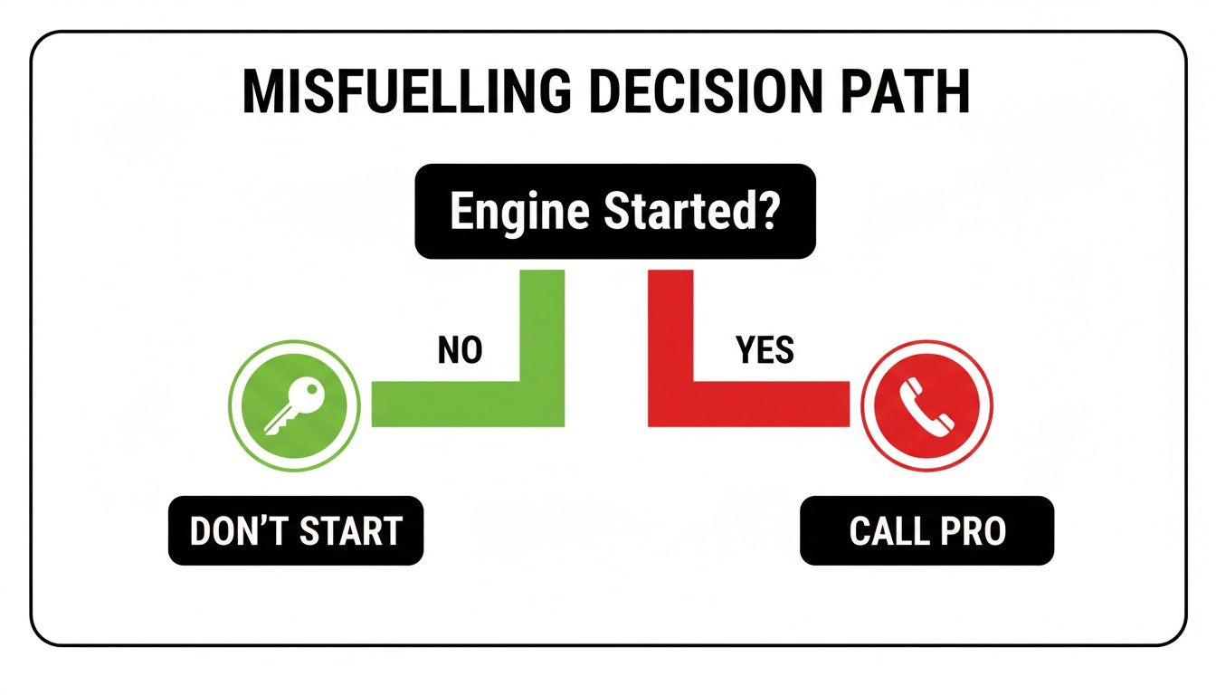 A flowchart for misfuelling decisions: if engine is not started, do not start it; if it is, call a professional.