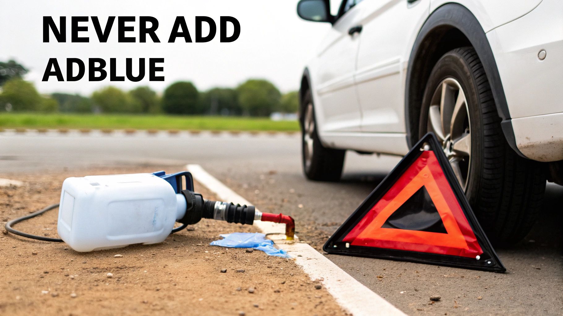 Text 'NEVER ADD ADBLUE' displayed with a car, spilled liquid, and a warning triangle on the roadside.
