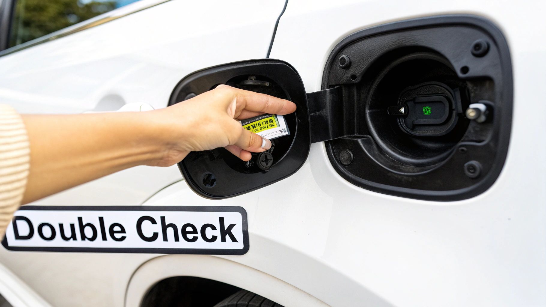 A hand inserts a fuel sensor into a white car's gas tank opening, with a 'Double Check' sticker visible.