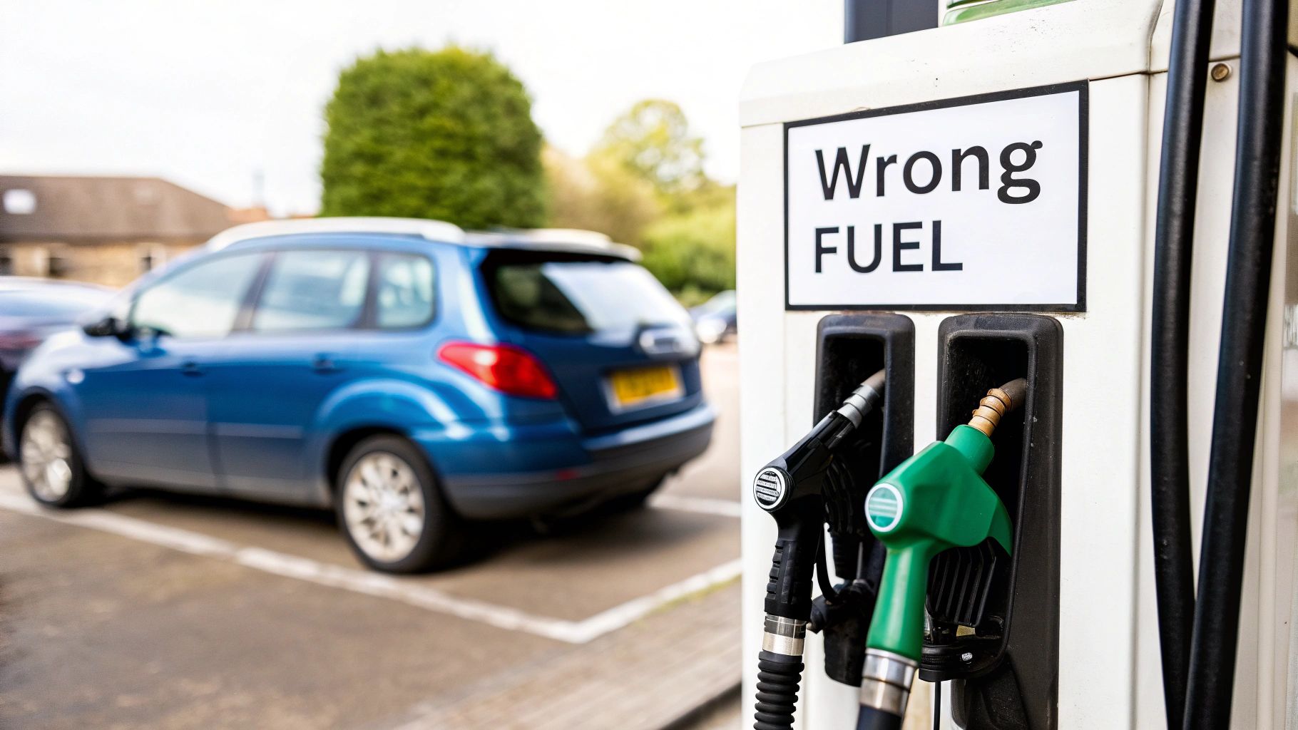 A driver looking concerned while holding a fuel nozzle at a petrol station