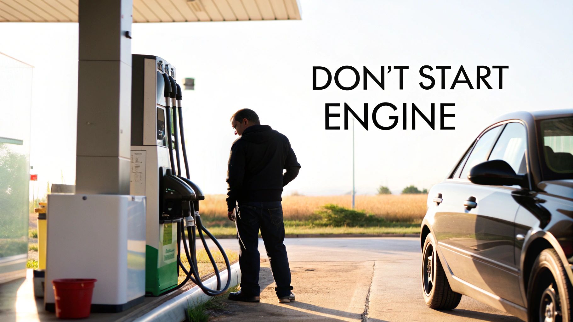 Person refueling car at gas station with warning sign not to start engine during fueling