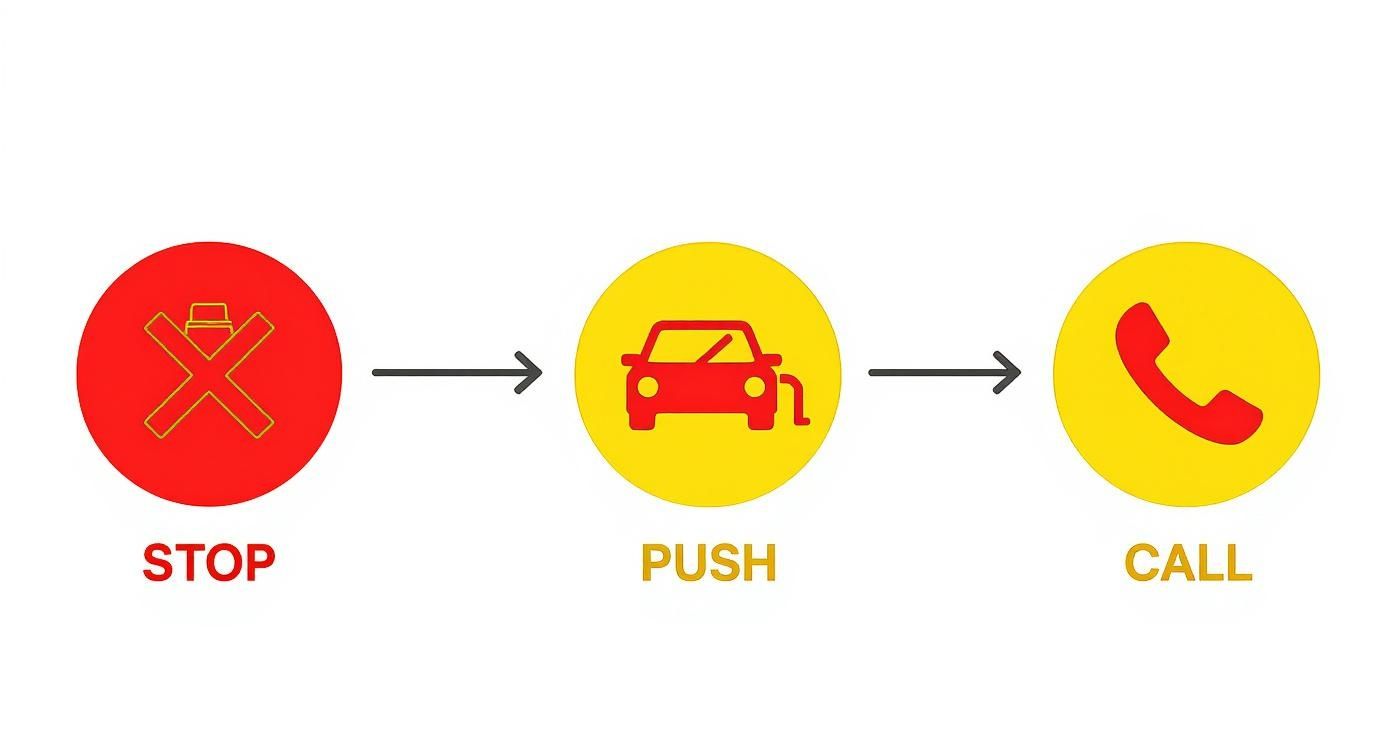 Three-step process for car trouble: stop fuel use, push vehicle, and call for help.