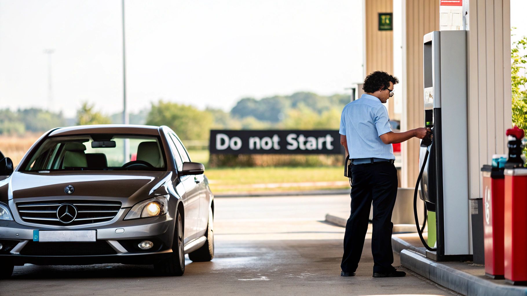 Man at gas station fuel pump next to Mercedes vehicle refueling car