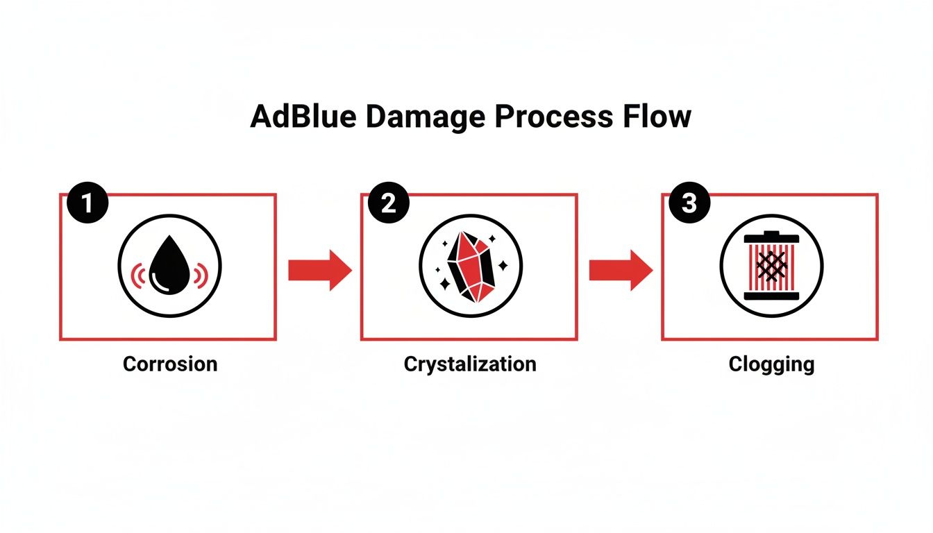AdBlue damage process flow diagram showing steps: corrosion, crystallization, and clogging.