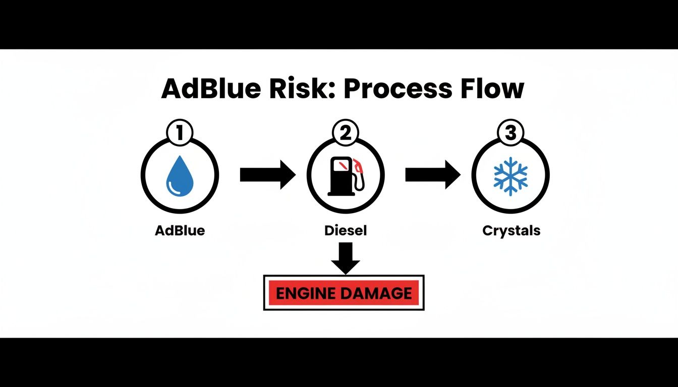 Process flow diagram showing AdBlue mixing with Diesel, leading to crystals and potential engine damage.