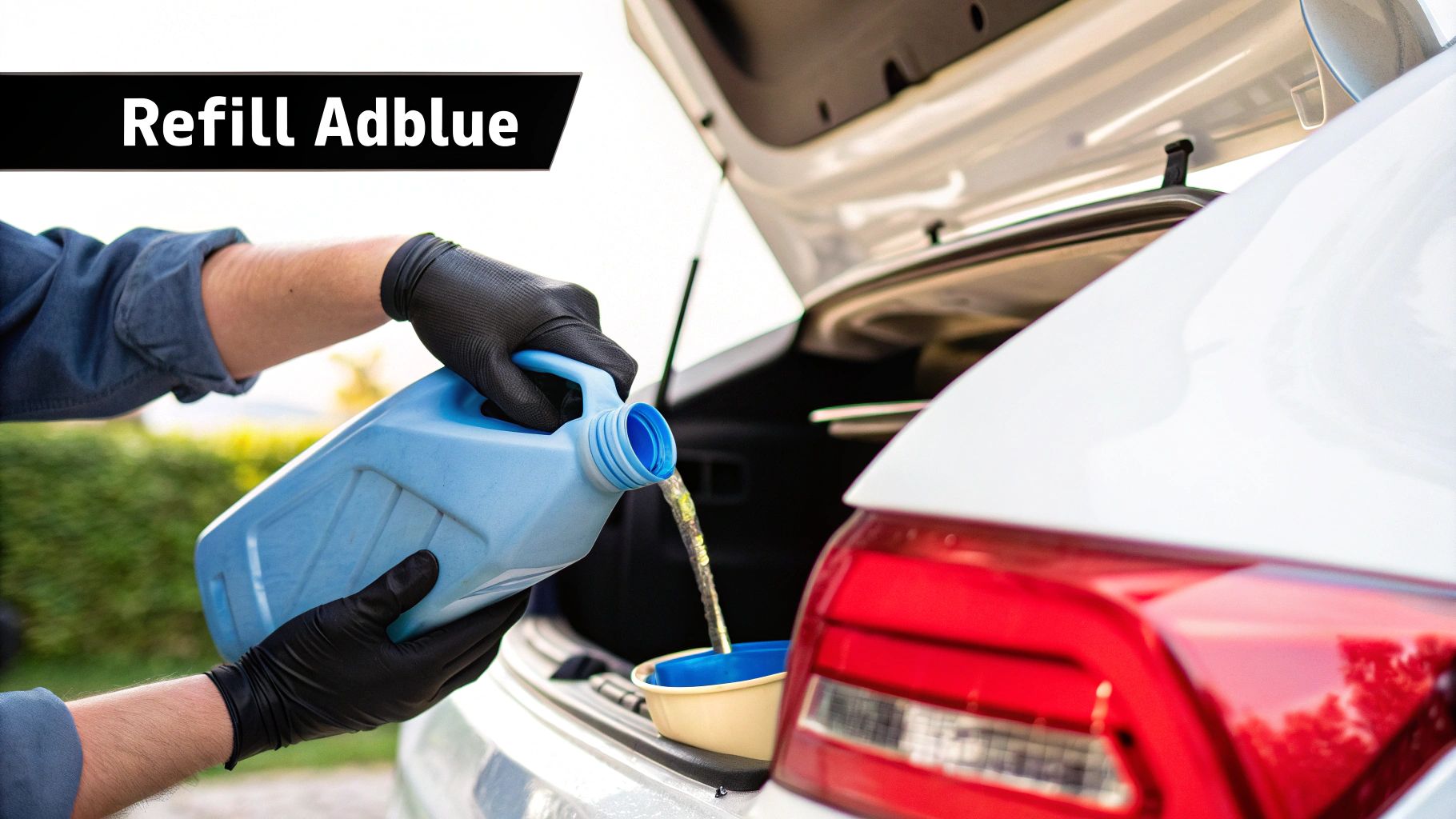 Person in black gloves refilling Adblue fluid from a blue container into a white car's trunk.