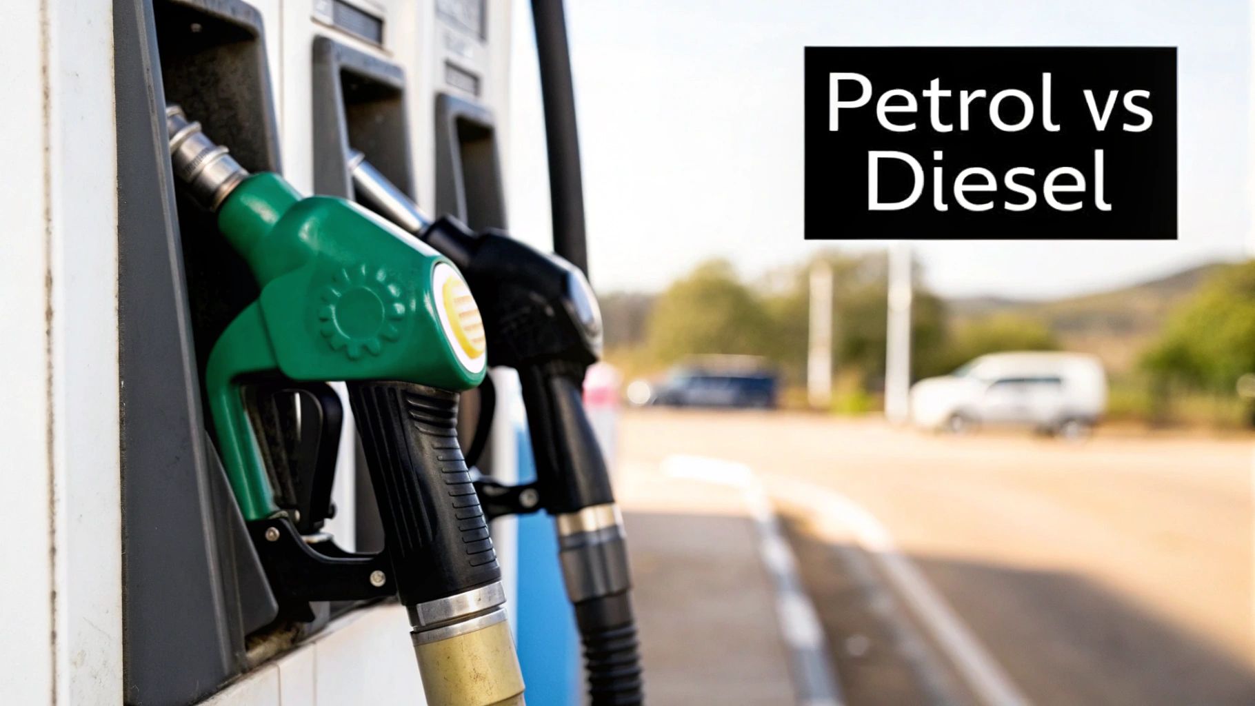Close-up of green and black fuel nozzles at a gas station, with a 'Petrol vs Diesel' sign.
