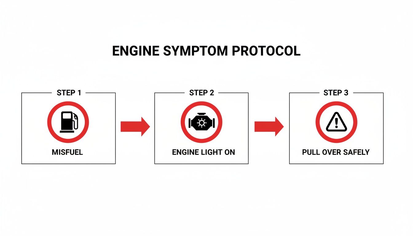 A three-step engine symptom protocol flow chart showing misfuel, engine light, and pull over safely.