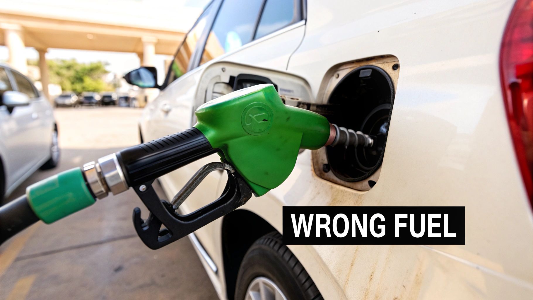 A person holding a diesel fuel nozzle next to a petrol nozzle at a fuel station.