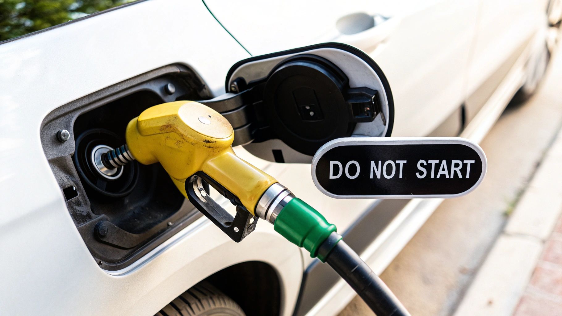 A yellow and green fuel nozzle is inserted into a white car's fuel tank, next to a 'DO NOT START' sign.