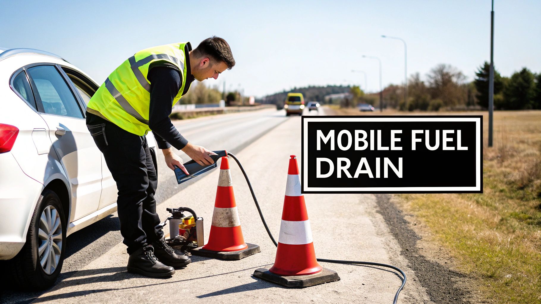 A service technician in a high-vis vest performing a mobile fuel drain on a white car roadside.