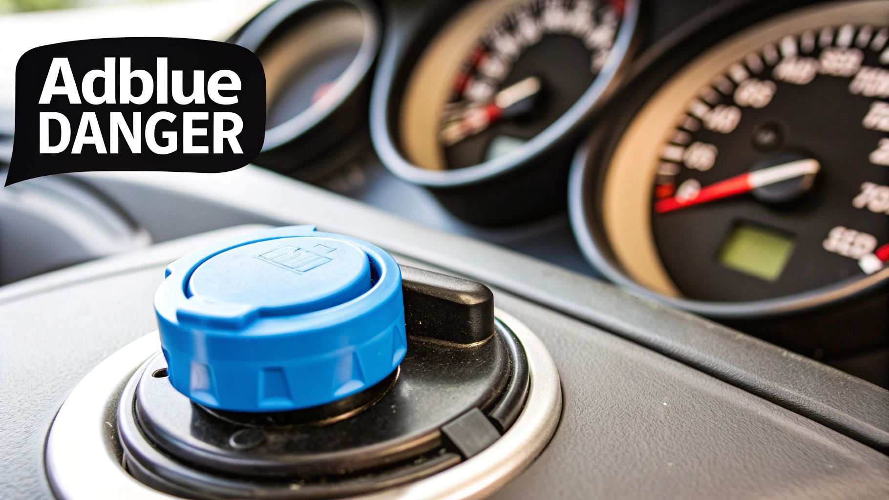 A blue AdBlue container next to a diesel fuel tank opening on a car