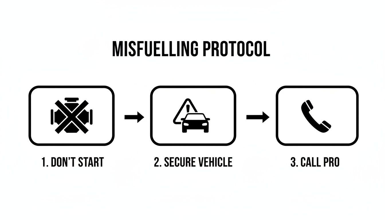 An infographic illustrating a three-step misfuelling protocol: 1. Don't Start, 2. Secure Vehicle, 3. Call Pro.