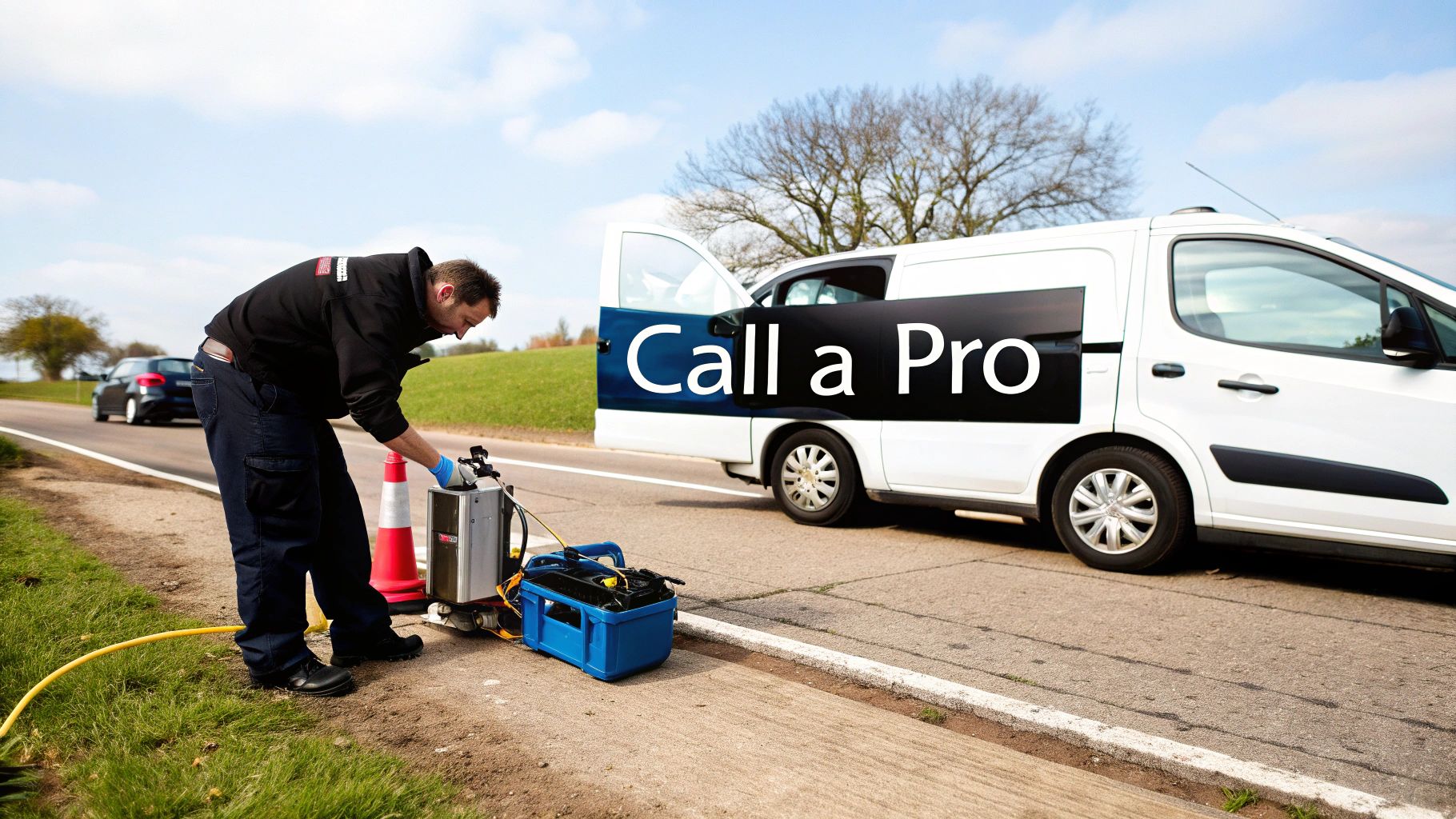 A technician with a service van sets up equipment on the roadside, ready to assist.