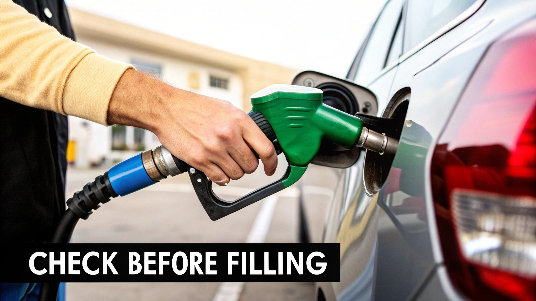 A person's hand inserting a green fuel nozzle into a silver car's fuel tank, with "CHECK BEFORE FILLING" text.