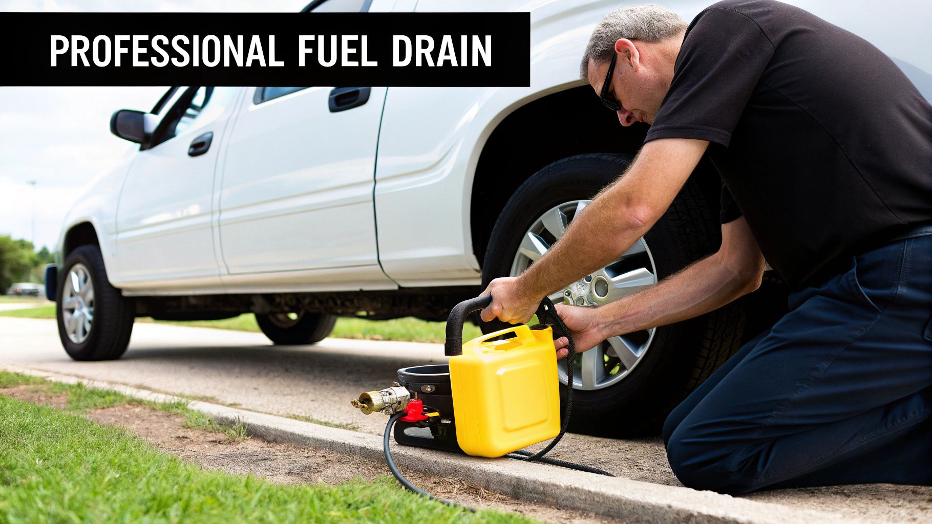 A man professionally drains fuel from a white truck into a yellow container on the roadside.