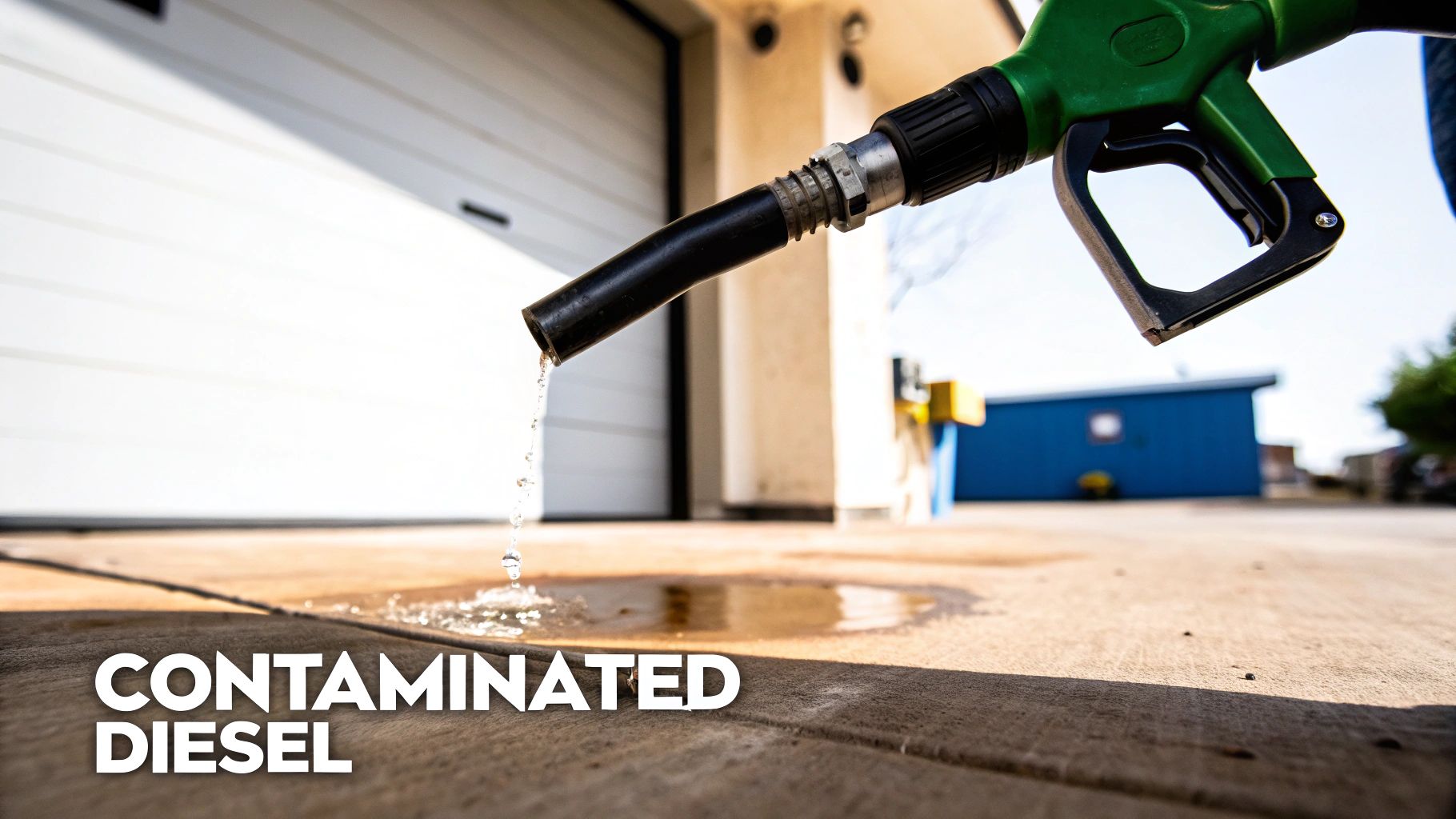 A diesel fuel pump nozzle next to a car's fuel tank, illustrating the point of potential contamination.