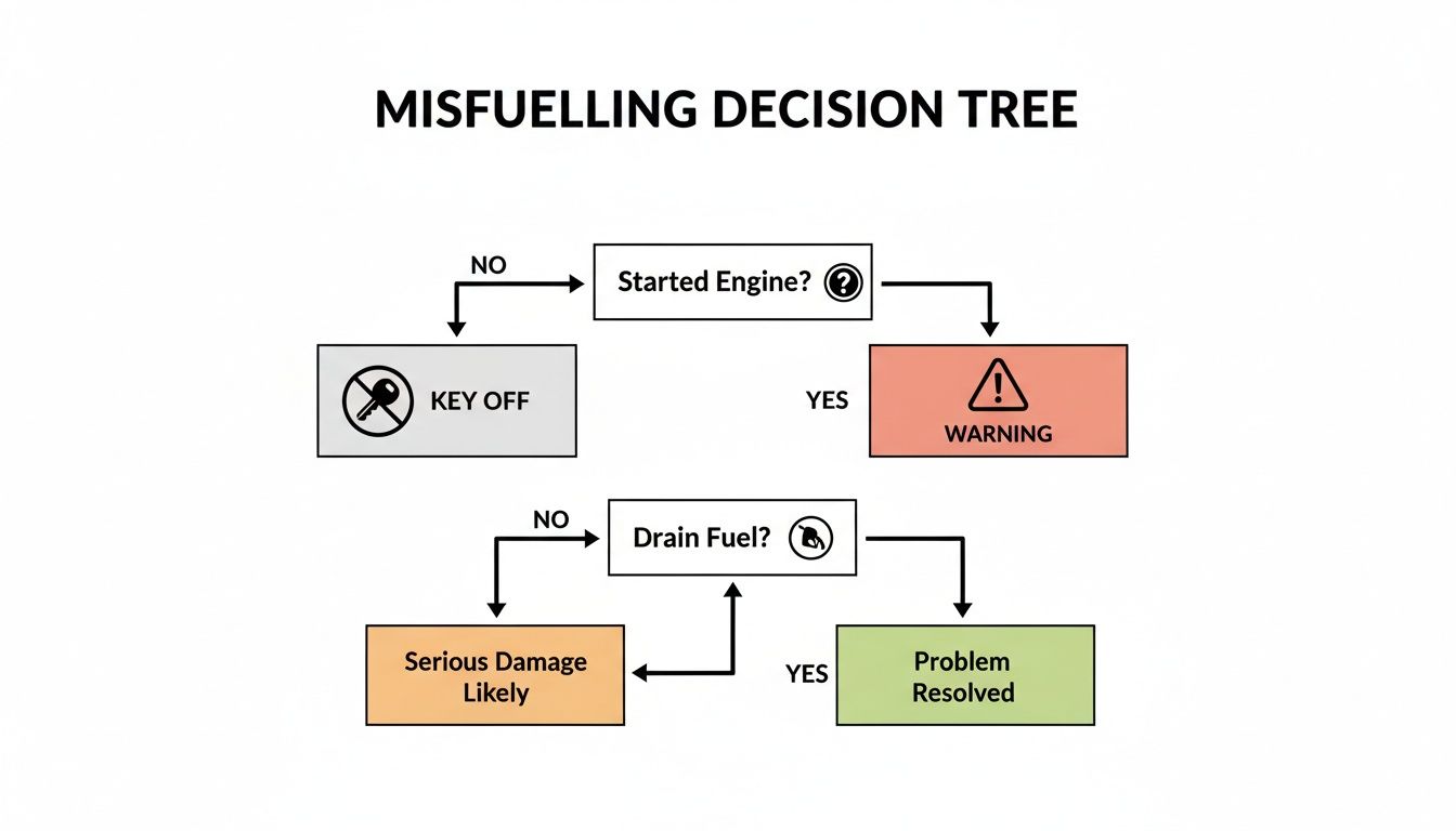 Decision tree flowchart outlining steps to take after misfuelling a vehicle, depending on engine status.