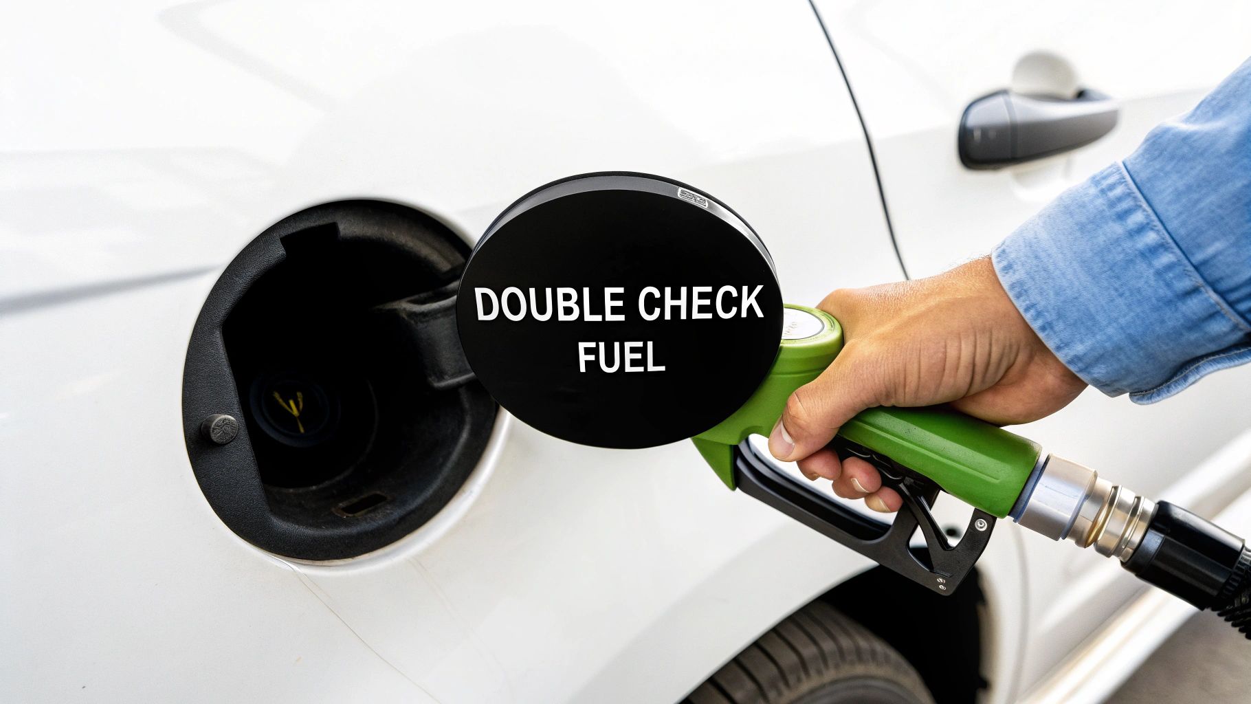 A hand holding a green fuel pump nozzle next to a white car's open fuel tank, with a 'Double Check Fuel' sign.
