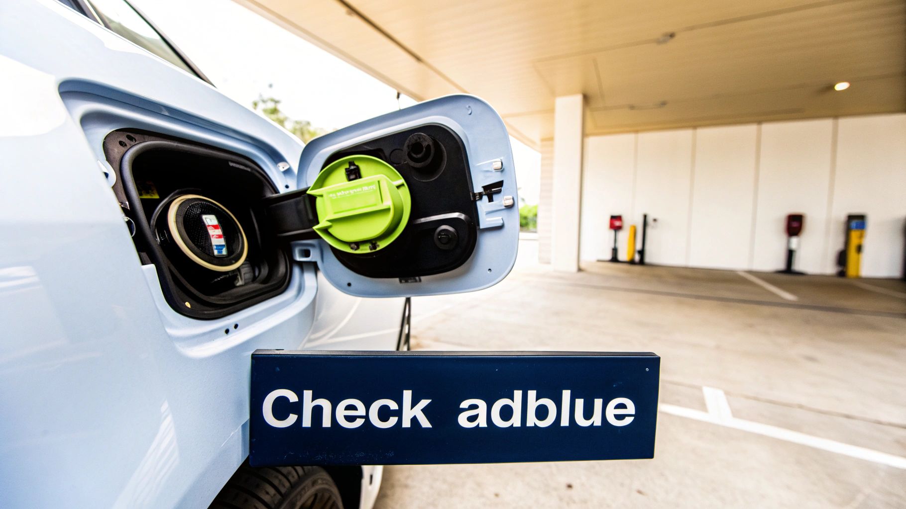 Close-up of a light blue car's AdBlue and fuel filler caps, with a 'Check adblue' sign. Charging stations in background.