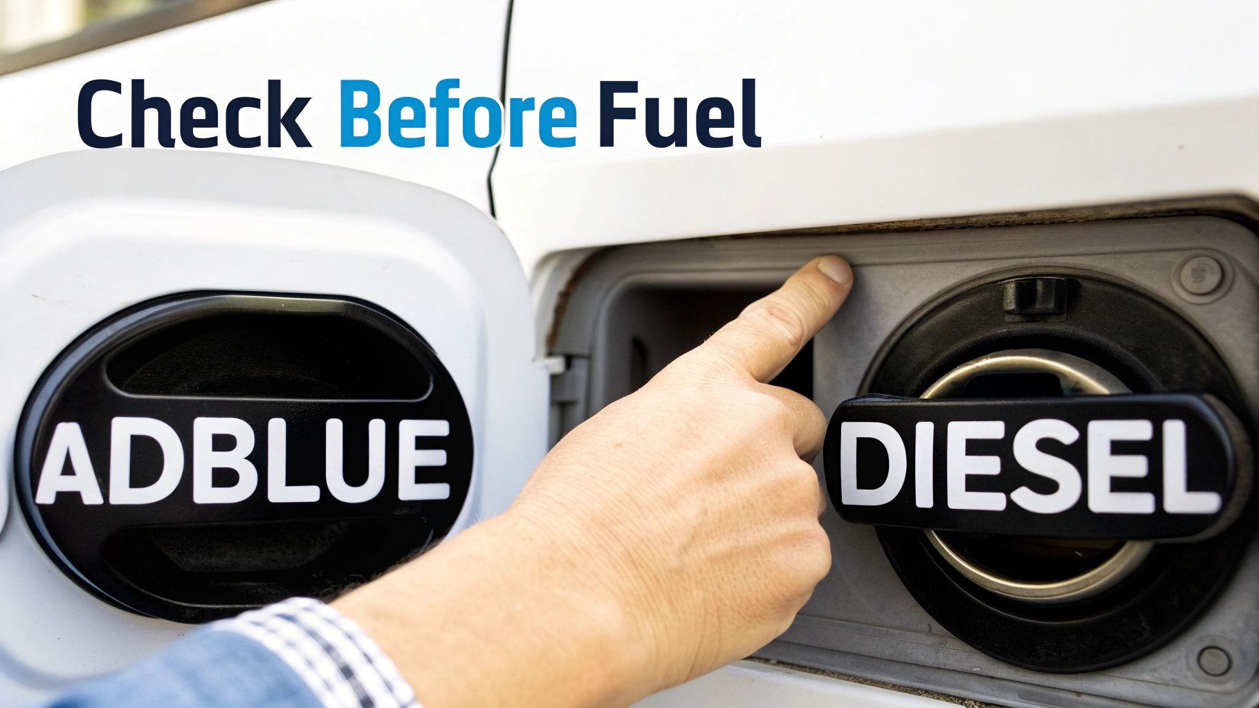A hand points to AdBlue and Diesel caps on a vehicle, emphasizing 'Check Before Fuel'.