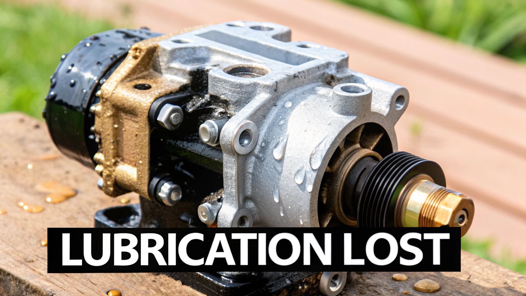A partially disassembled mechanical pump or engine component with water droplets, showing &#39;LUBRICATION LOST&#39; text.