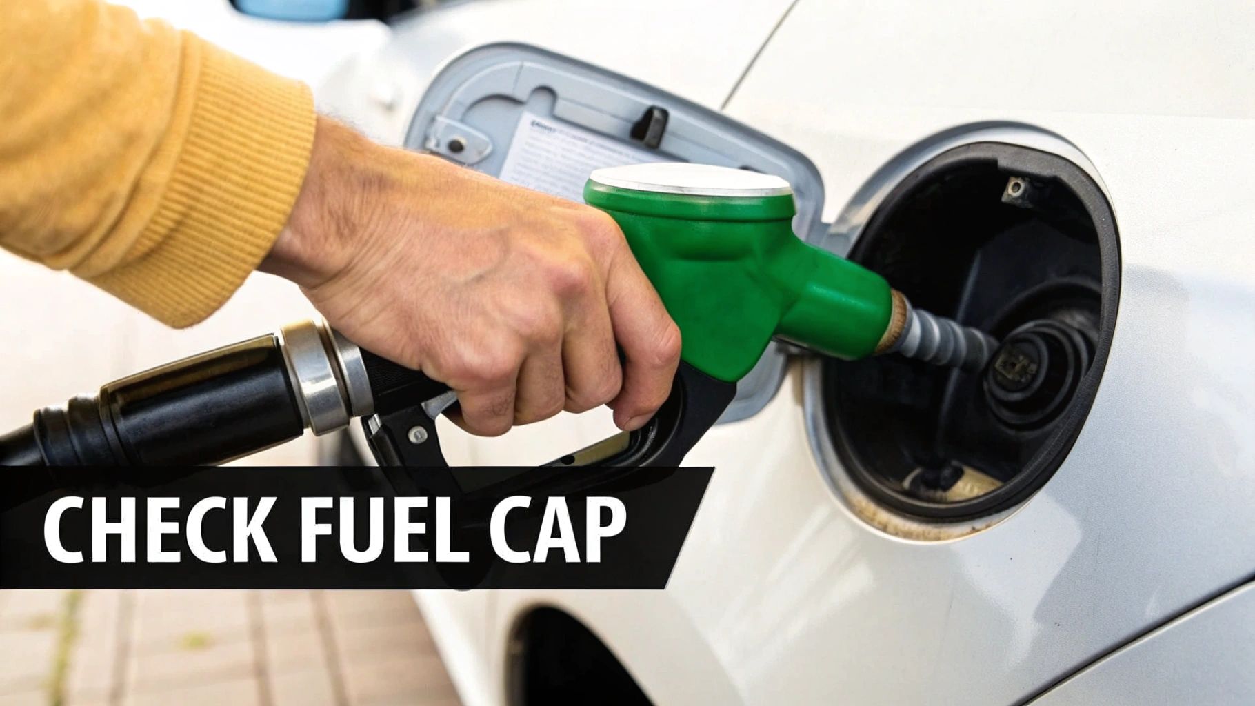 A hand refuels a white car with a green nozzle, showing the fuel tank opening. Text: CHECK FUEL CAP.