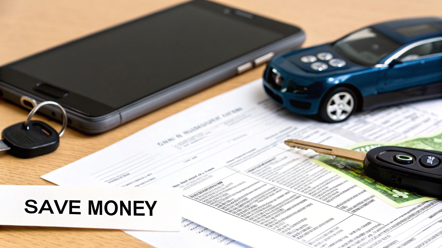 Smartphone, car keys, documents, and a toy car on a desk with 'SAVE MONEY' text.