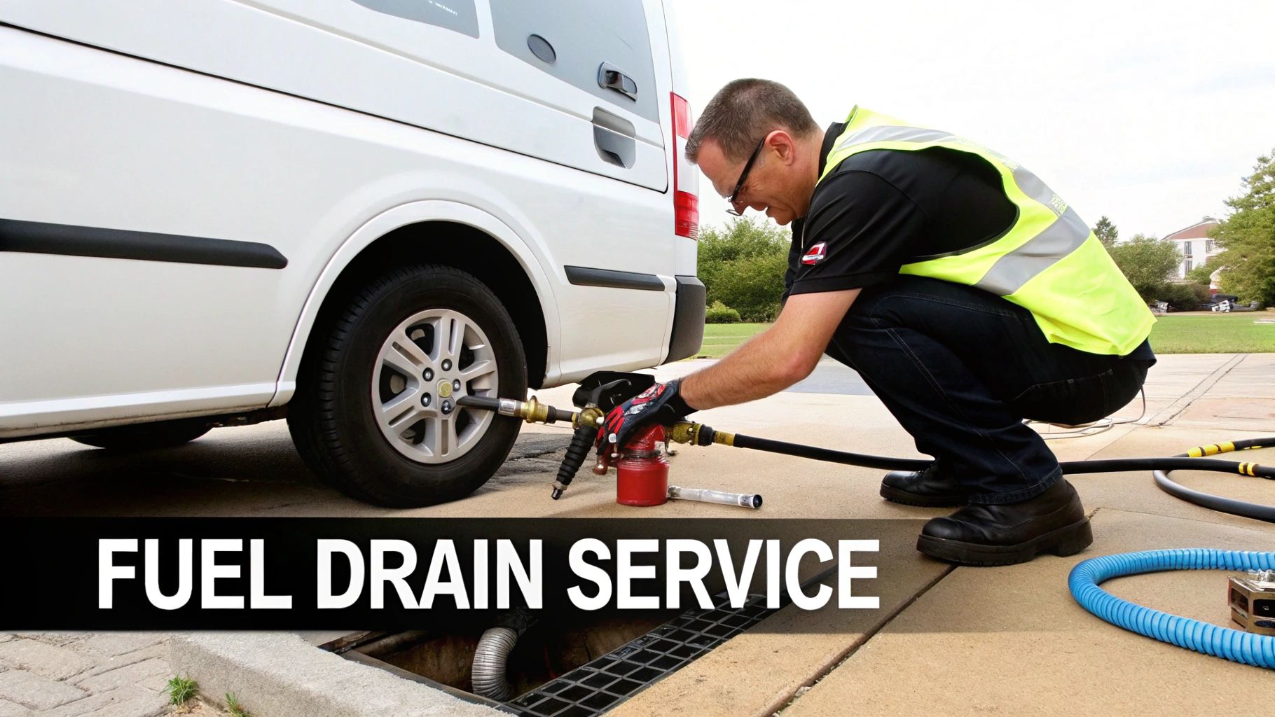 Professional technician in high-visibility vest performing fuel drain service on white van using specialized equipment