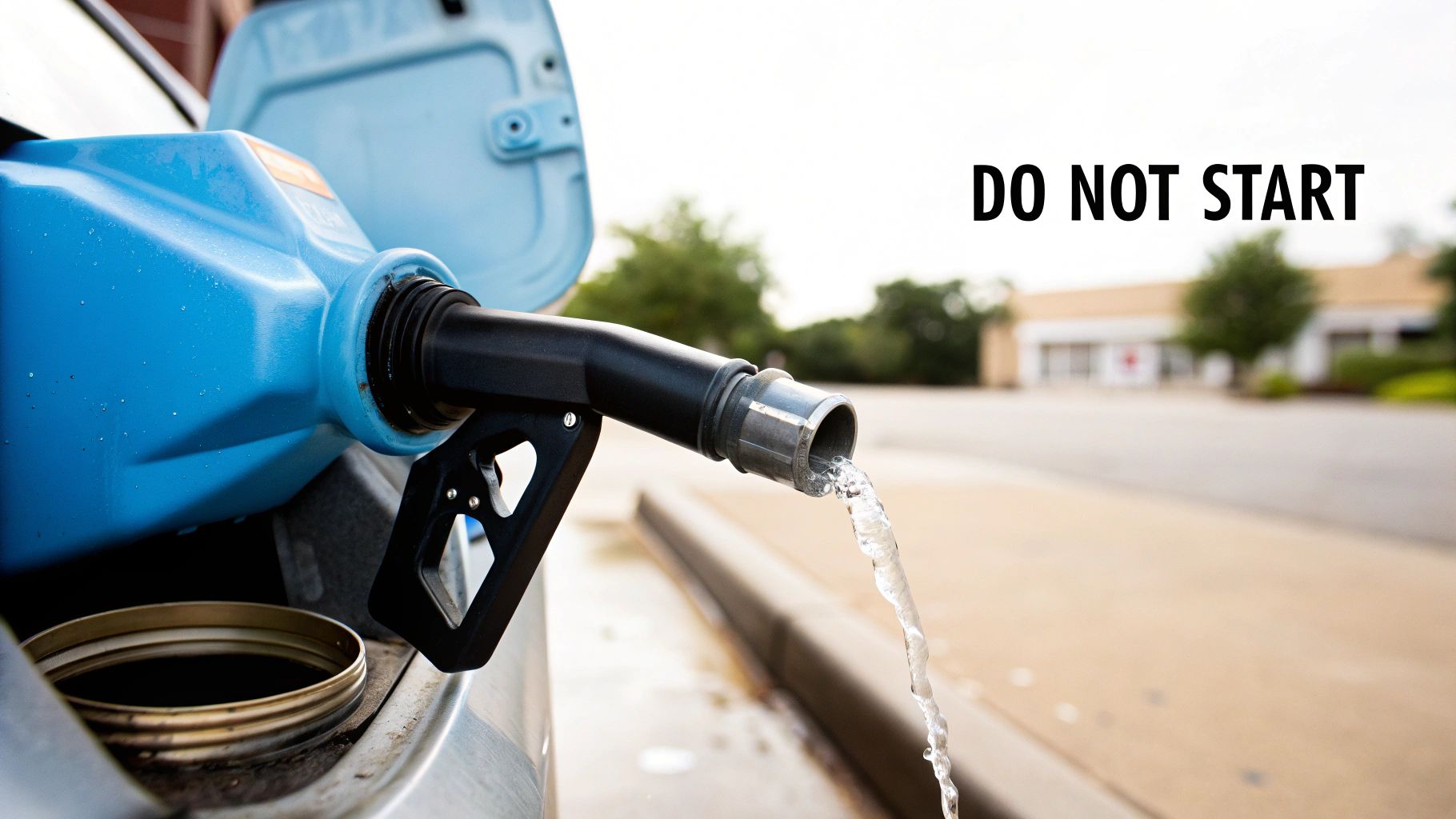 A blue AdBlue container nozzle pours clear liquid near a car's fuel tank opening, with a "DO NOT START" warning.