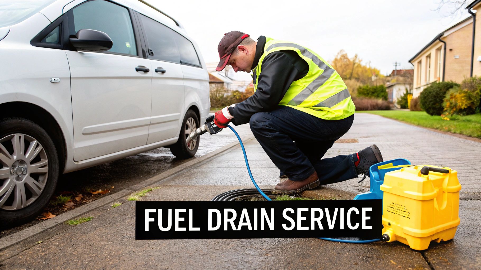 A technician in a high-vis vest performs a fuel drain service on a white car with specialized equipment.