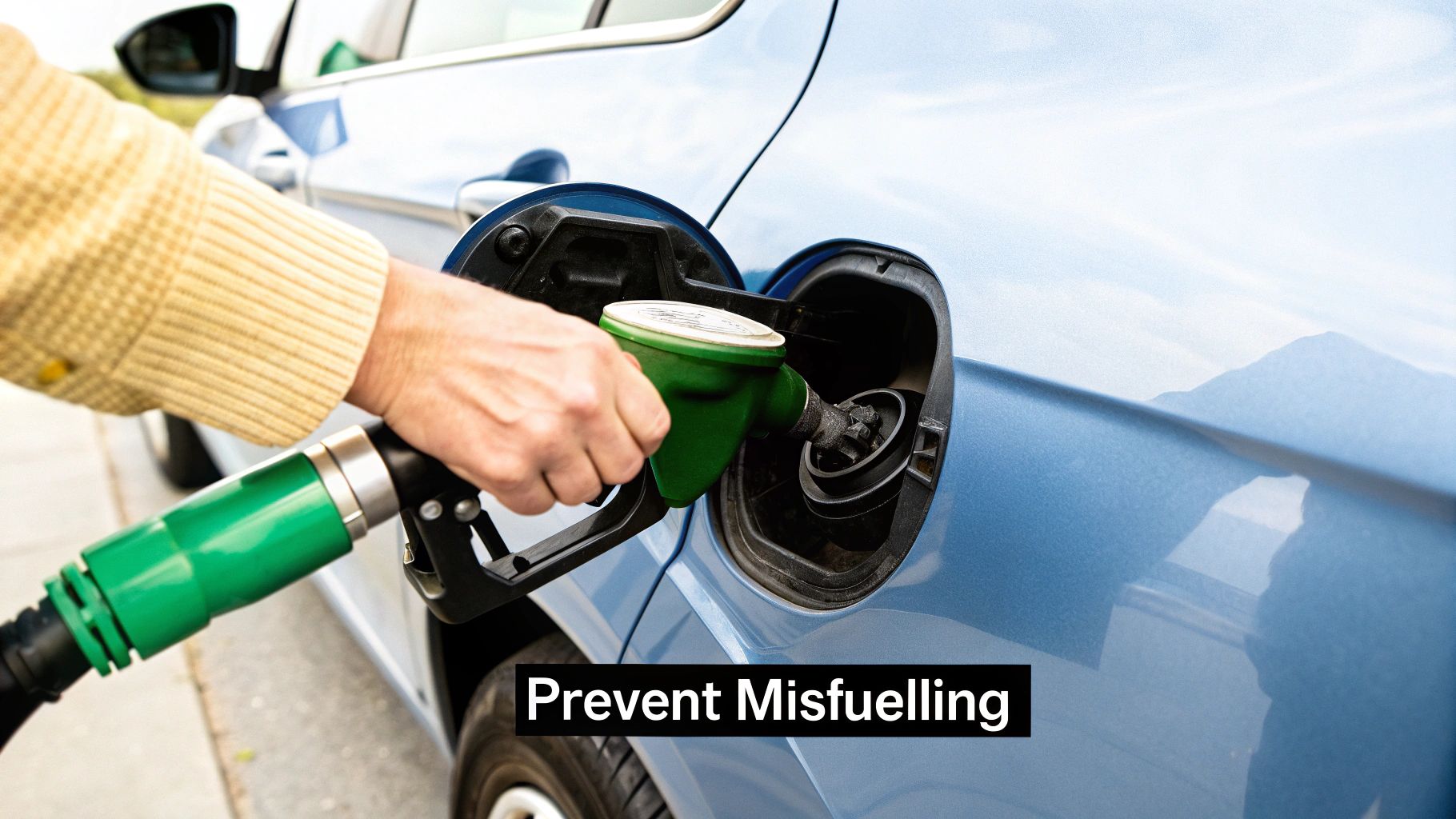 A person looking thoughtfully at a fuel pump nozzle, with a car in the background.