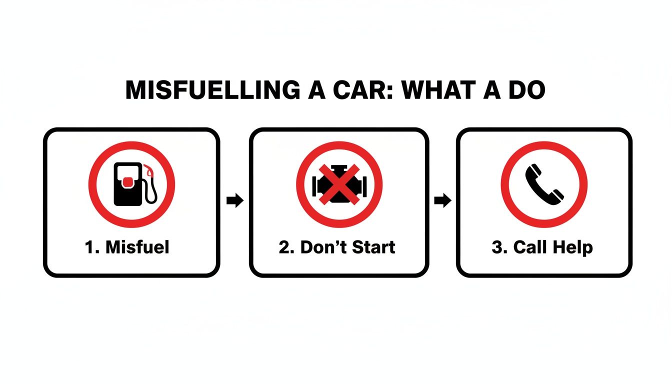 Infographic showing three steps for misfuelling a car: misfuel, don't start, call help.