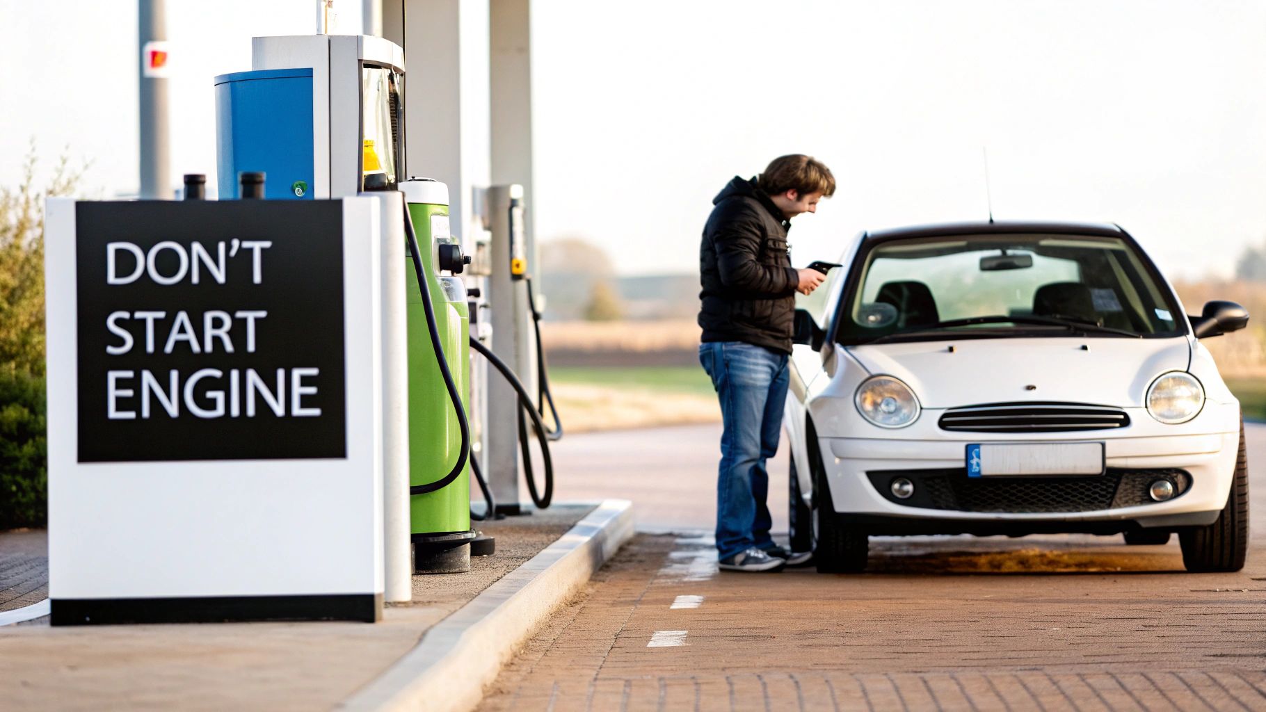 A man is standing by a white car at a gas station, looking at his phone, with a &quot;DON&#39;T START ENGINE&quot; sign nearby.