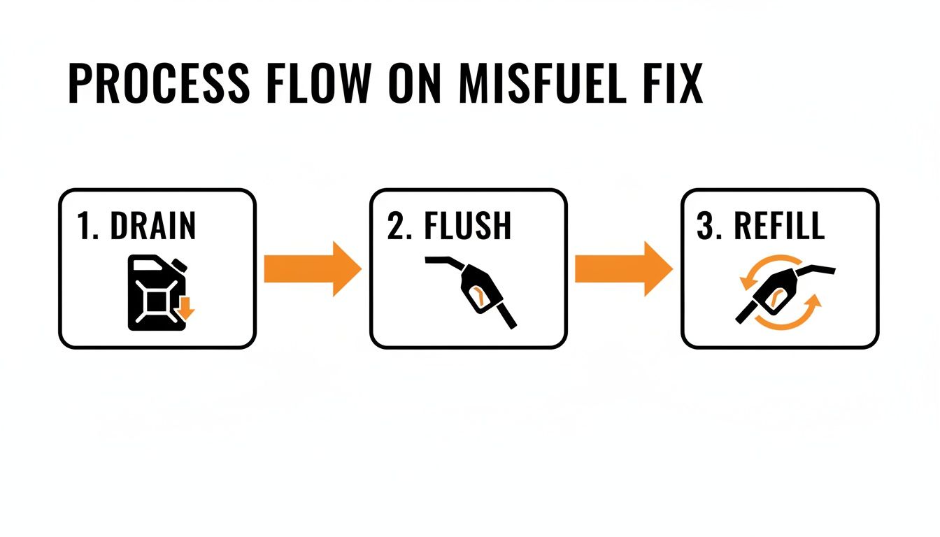 A process flow diagram illustrates steps to fix a misfuel issue: 1. Drain, 2. Flush, 3. Refill.