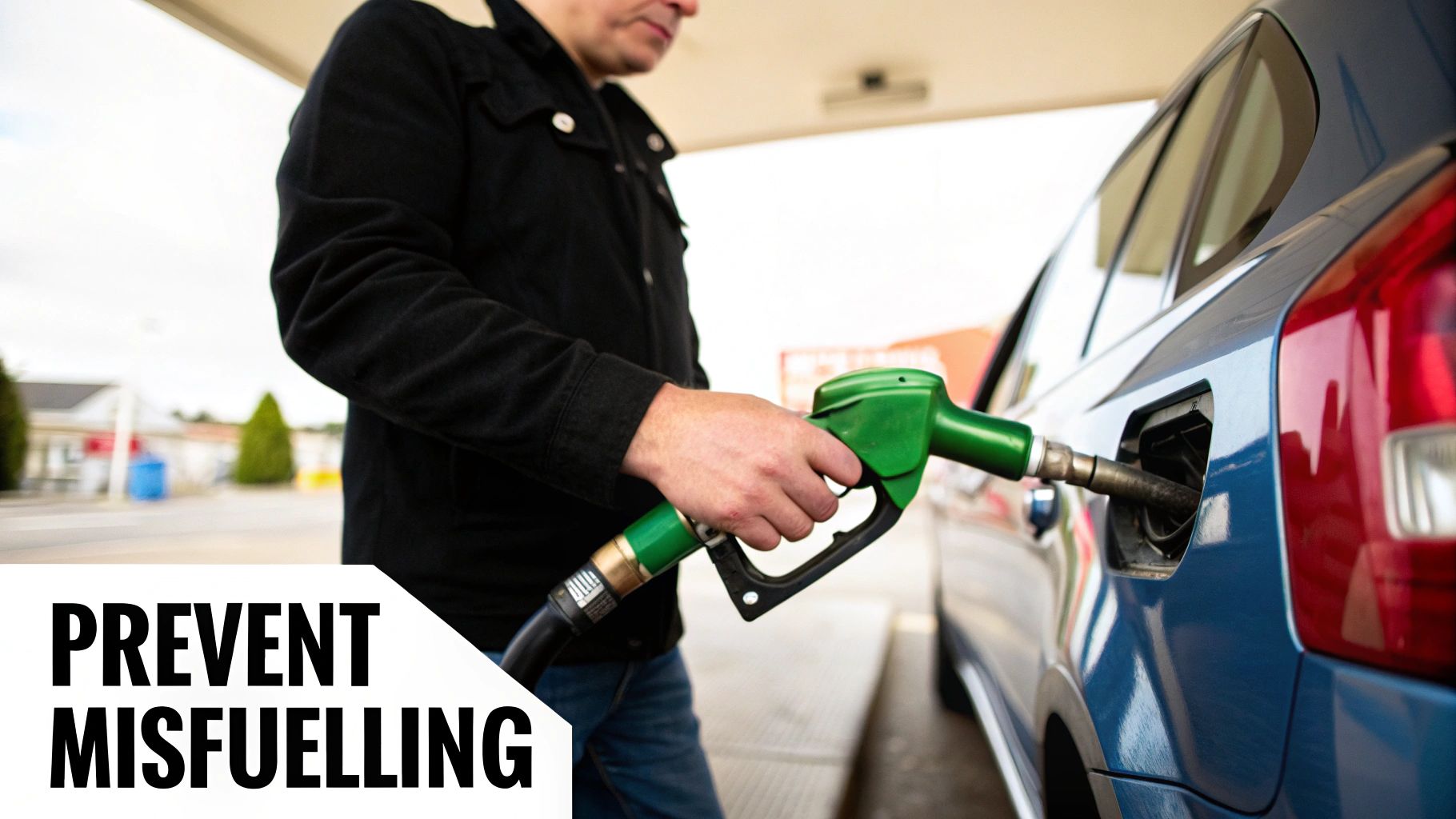 Man filling a blue car with fuel using a green pump nozzle at a petrol station.