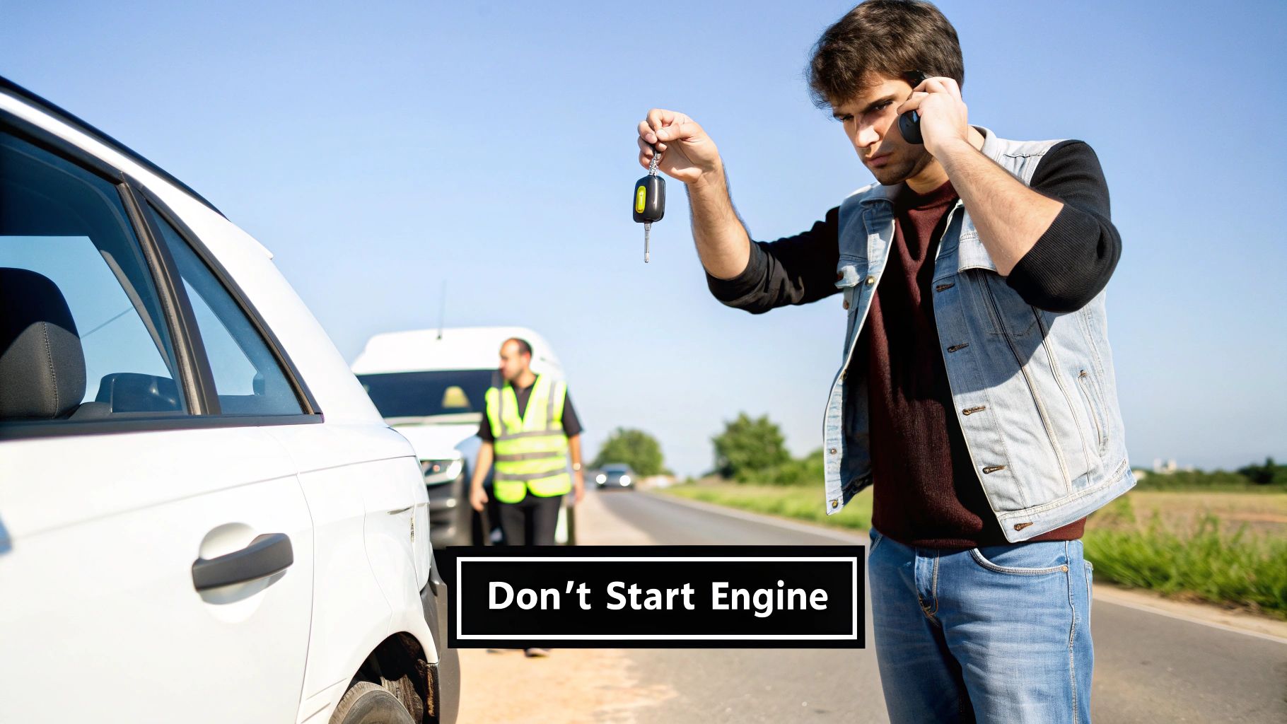 A man on the phone with car keys beside his broken-down car, advising 'Don't Start Engine'.