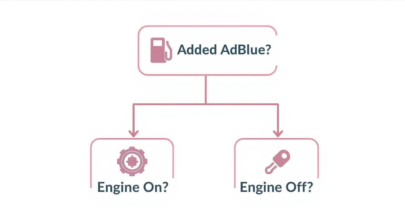 Flowchart showing steps after adding AdBlue, considering if the engine is on or off.