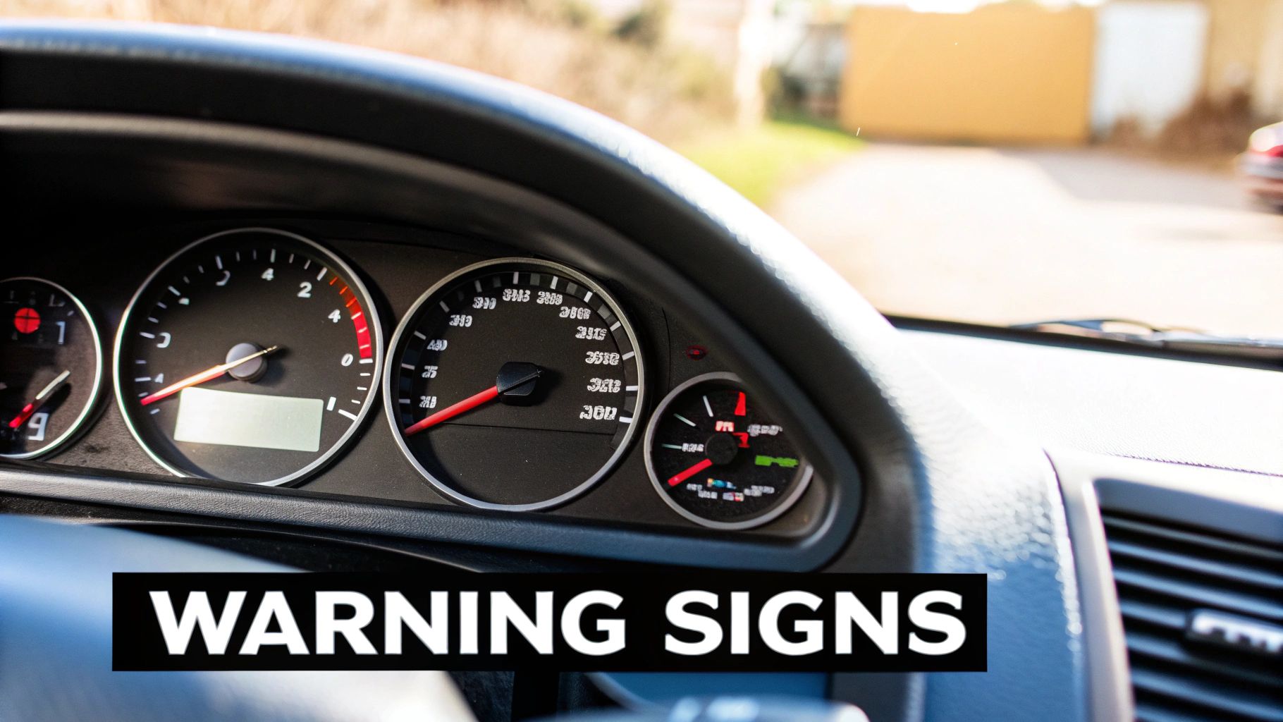 A driver's view of a car dashboard with various gauges, a steering wheel, and 'WARNING SIGNS' text.