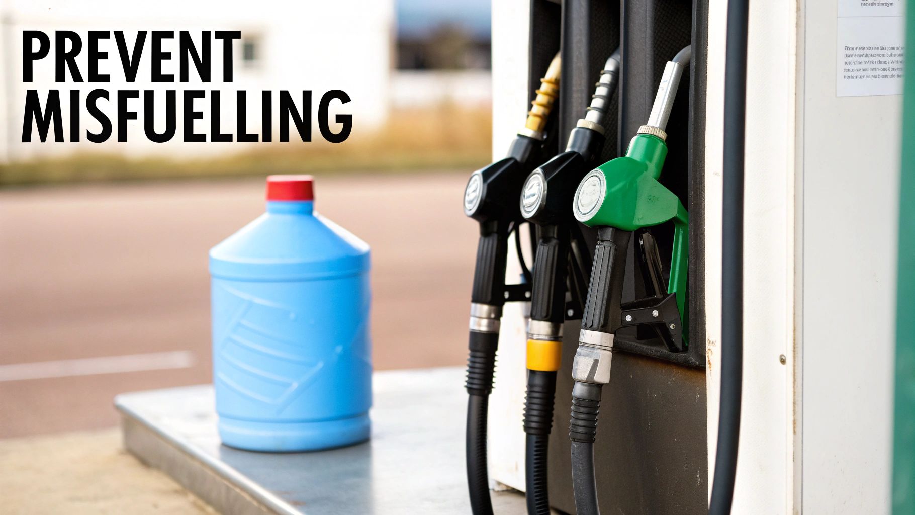 Blue bottle near fuel pumps at a gas station, with text 'PREVENT MISFUELLING' for safety.